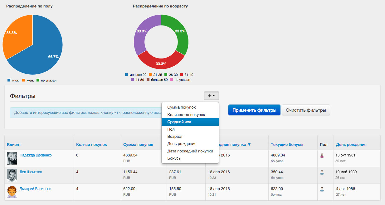 Описание видов отчетов системы «РусБонус» - инструмент фильтра в статистике по клиентам